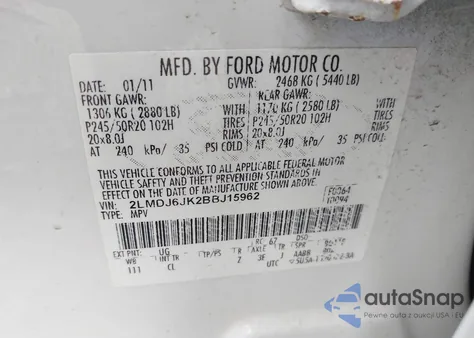 2011 Lincoln Mkx из США, поврежденный, VIN 2LMDJ6JK2BBJ15962